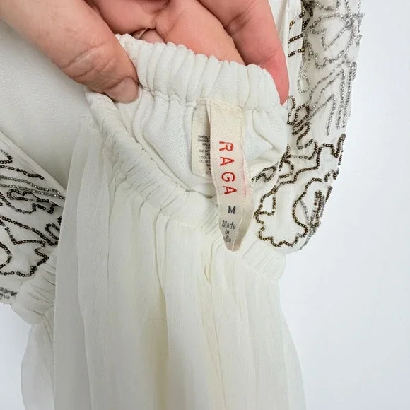 Raga Womens Beige Beaded V Neck Embellished Boho Elegant Maxi Dress M - Picture 7 of 9